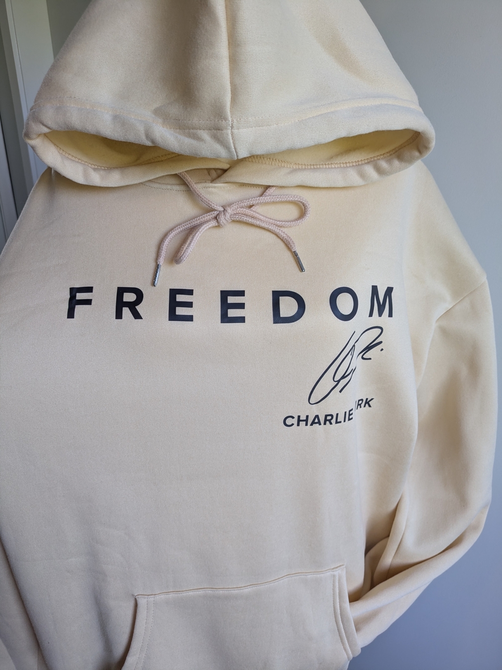 Charlie Kirk 'Freedom' Hoodie XL Unisex Cream, Soft Polyester